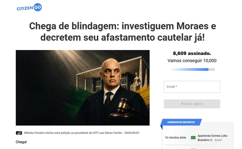 Abaixo-assinado pede apuração sobre Moraes e afastamento durante investigação