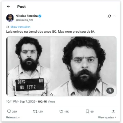 Nikolas relaciona registro da prisão de Lula a tendência de fotos com IA