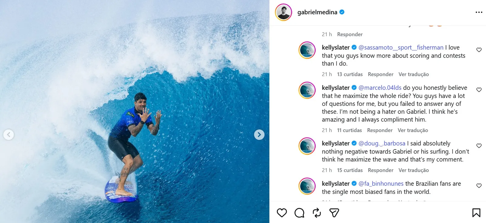Kelly Slater defende crítica à nota 10 de Gabriel Medina em Fiji
